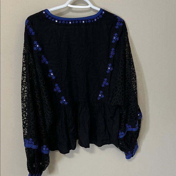 Free People Boogie All Night Embroidered Black and Blue Women's Top Lace Sleeves - Picture 6 of 13